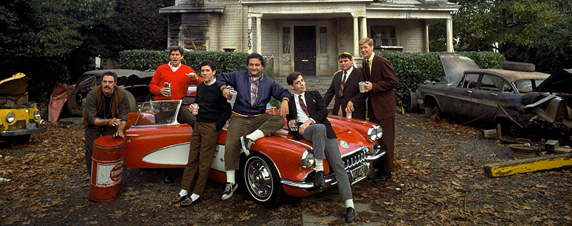 John Belushi, Tom Hulce, Tim Matheson, Stephen Furst, Bruce McGill, Peter Riegert, James Widdoes | "Animal House" (1978) [b]